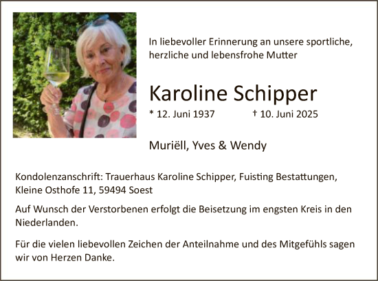 Todesanzeige von Karoline Schipper von HASO