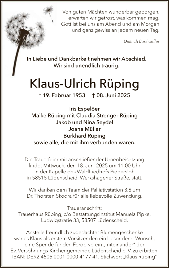 Todesanzeige von Klaus-Ulrich Rüping von HALN