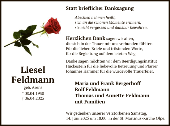 Todesanzeige von Liesel Feldmann von HASK