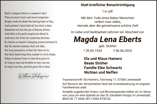 Todesanzeige von Magda Lena Eberts von HASK