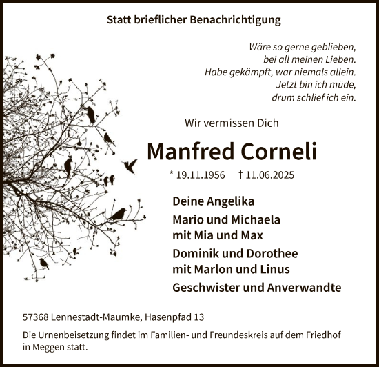 Todesanzeige von Manfred Corneli von HASK
