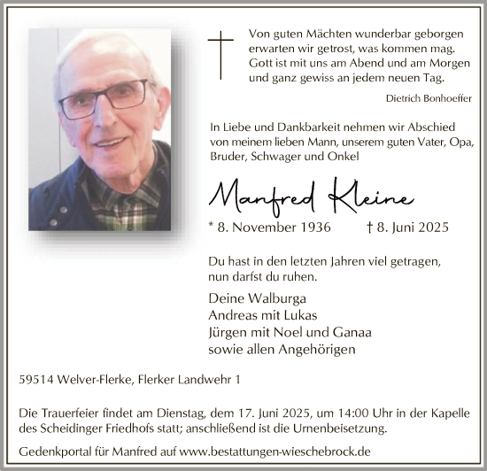 Todesanzeige von Manfred Kleine von HASO