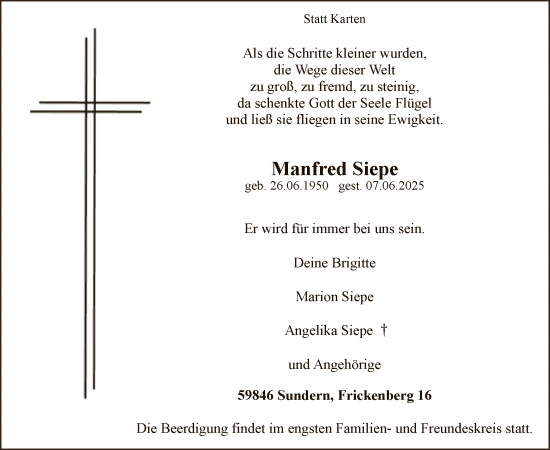 Todesanzeige von Manfred Siepe von HASK