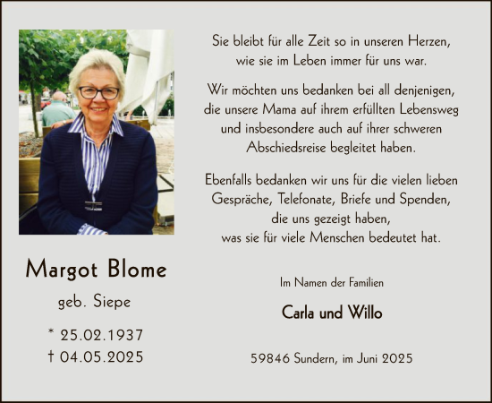Todesanzeige von Margot Blome von HASK