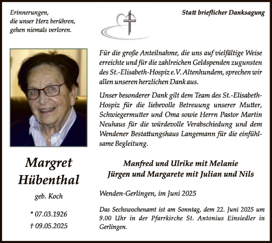 Todesanzeige von Margret Hübenthal von HASK