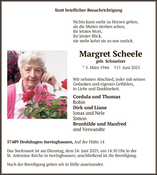 Todesanzeige von Margret Scheele von HASK