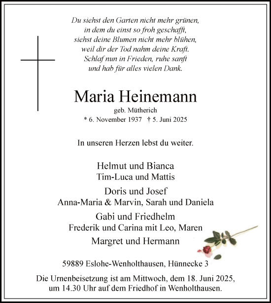 Todesanzeige von Maria Heinemann von HASK