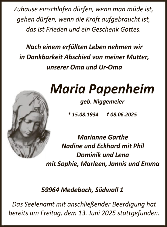 Todesanzeige von Maria Papenheim von HASK
