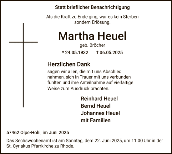 Todesanzeige von Martha Heuel von HASK