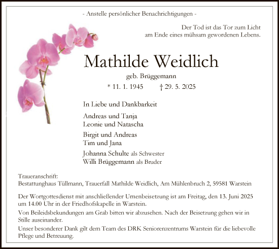 Todesanzeige von Mathilde Weidlich von HASO