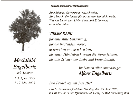 Todesanzeige von Mechthild Engelbertz von HASK