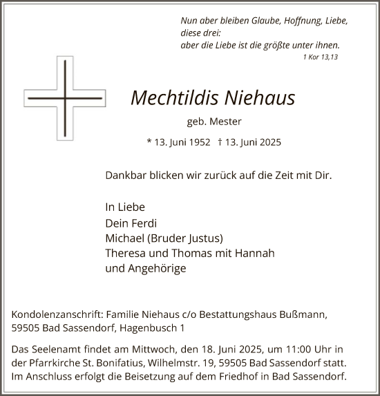 Todesanzeige von Mechtildis Niehaus von HASO