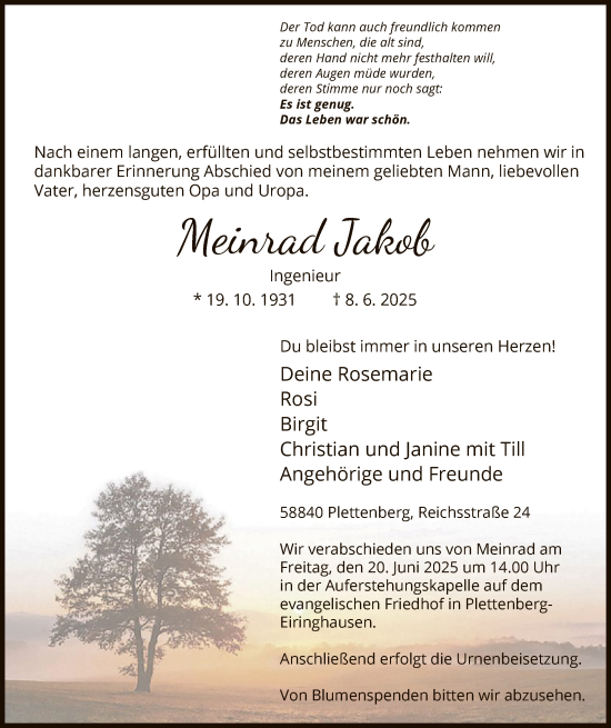Todesanzeige von Meinrad Jabob von HALN