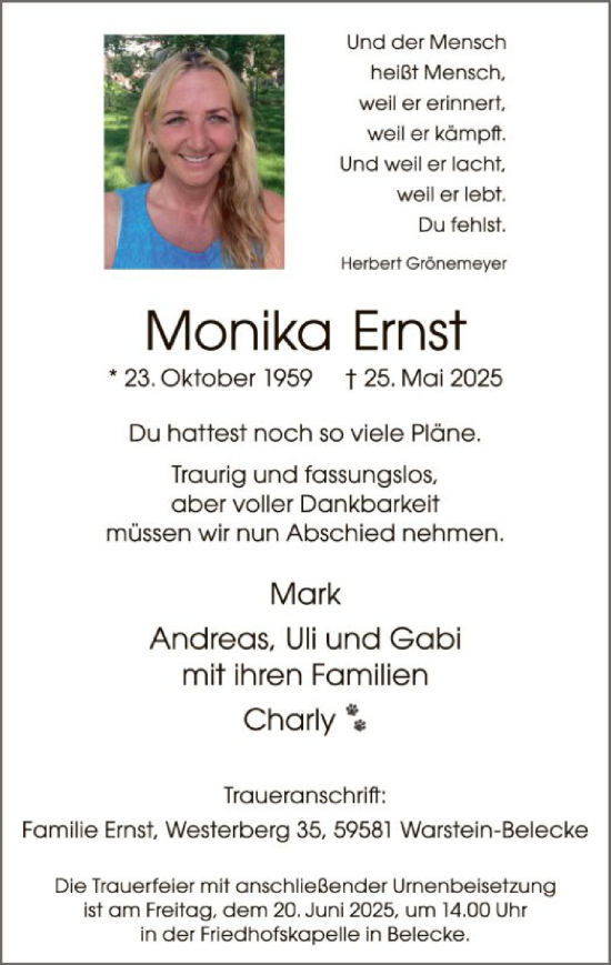 Todesanzeige von Monika Ernst von HASO