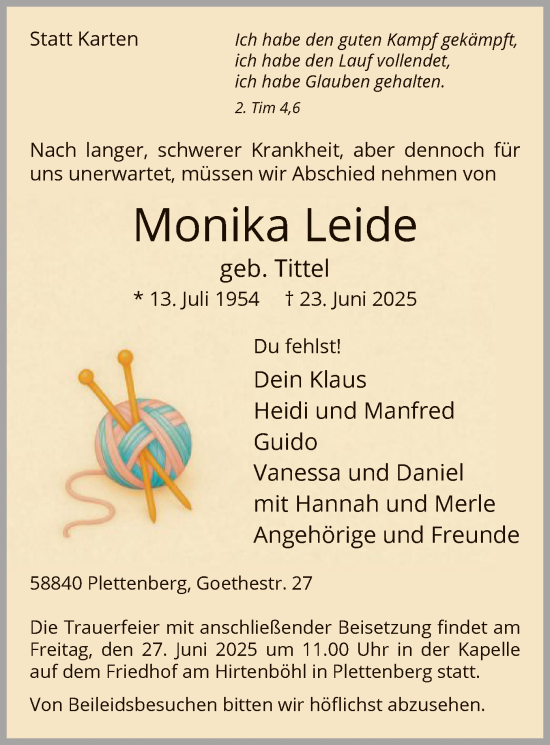 Todesanzeige von Monika Leide von HALN