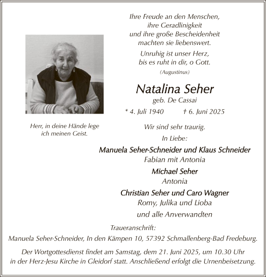 Todesanzeige von Natalina Seher von HASK