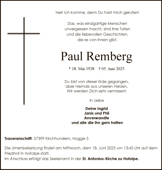 Todesanzeige von Paul Remberg von HASK