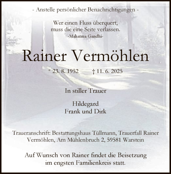 Todesanzeige von Rainer Vermöhlen von HASO
