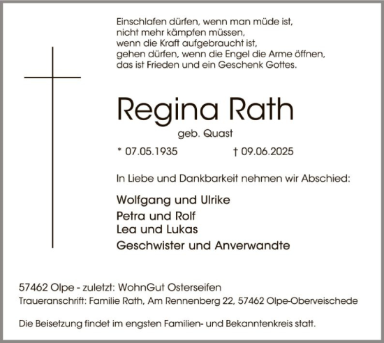 Todesanzeige von Regina Rath von HASK