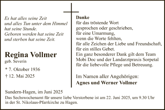 Todesanzeige von Regina Vollmer von HASK