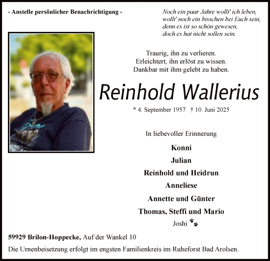 Todesanzeige von Reinhold Wallerius von HASK