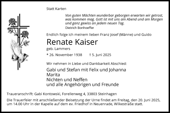 Todesanzeige von Renate Kaiser von HALN