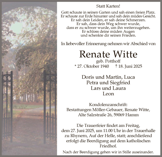 Todesanzeige von Renate Witte von HAWA