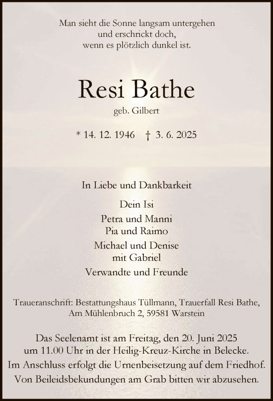 Todesanzeige von Resi Bathe von HASO
