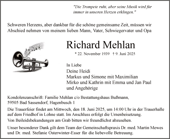 Todesanzeige von Richard Mehlan von HASO