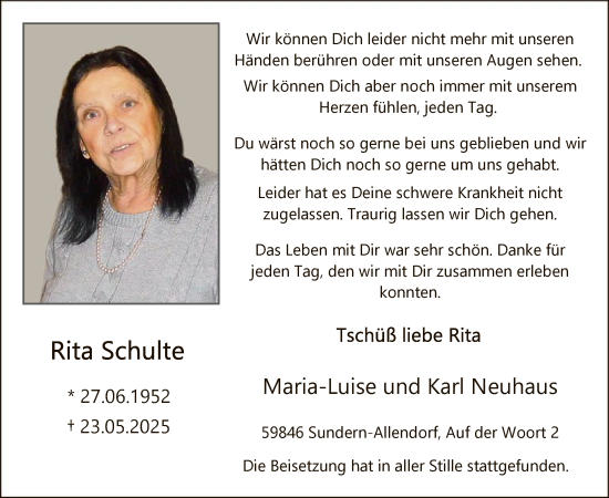 Todesanzeige von Rita Schulte von HASK