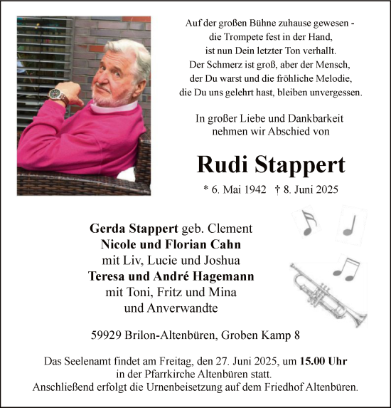 Todesanzeige von Rudi Stappert von HASK