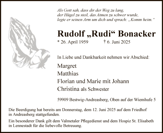 Todesanzeige von Rudolf Bonacker von HASK