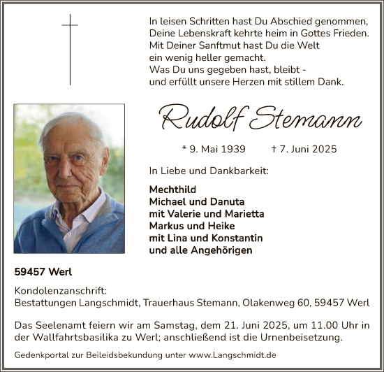 Todesanzeige von Rudolf Stemann von HASO