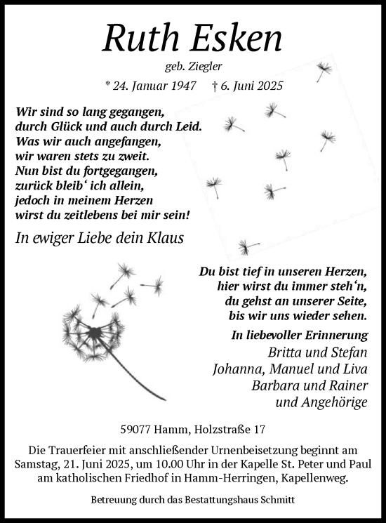 Todesanzeige von Ruth Esken von HAWA