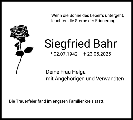 Todesanzeige von Siegfried Bahr von HALN