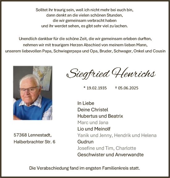 Todesanzeige von Siegfried Henrichs von HASK
