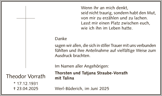 Todesanzeige von Theodor Vorrath von HASO