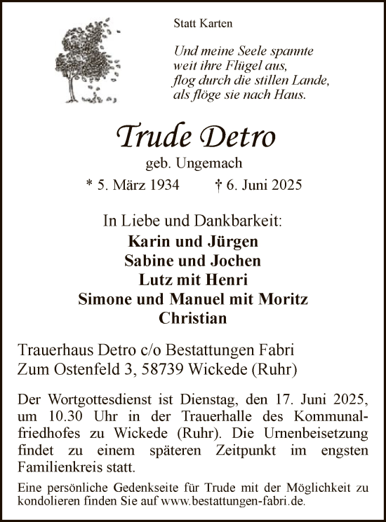 Todesanzeige von Trude Detro von HASO