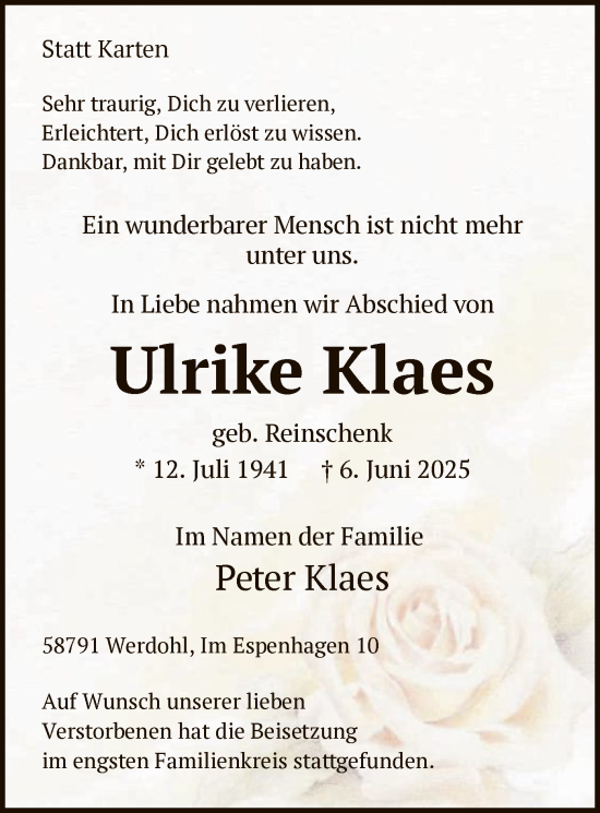 Todesanzeige von Ulrike Klaes von HALN