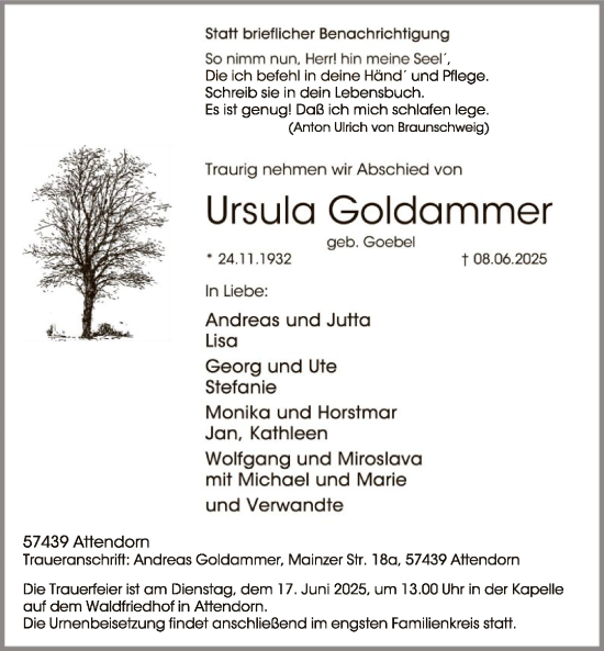 Todesanzeige von Ursula Goldammer von HASK