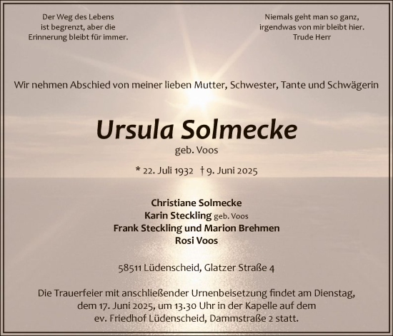 Todesanzeige von Ursula Solmecke von HALN