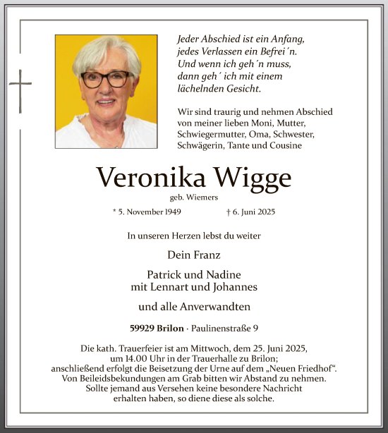 Todesanzeige von Veronika Wigge von HASK