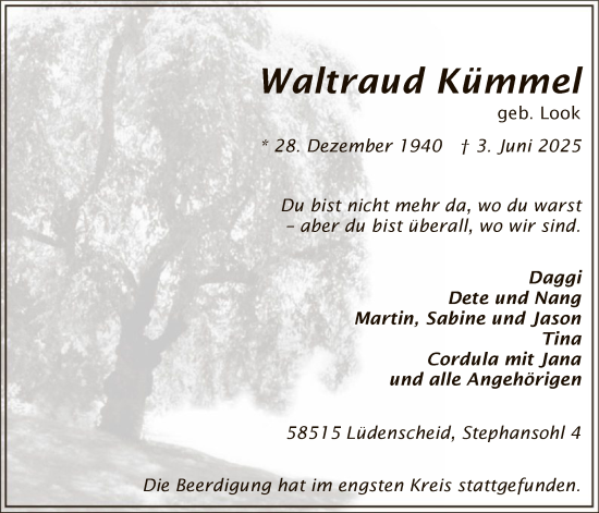 Todesanzeige von Waltraud Kümmel von HALN
