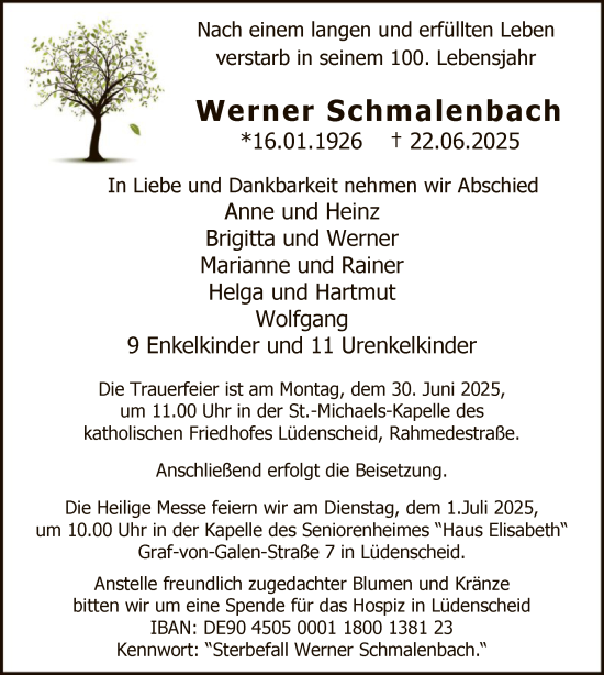 Todesanzeige von Werner Schmalenbach von HALN