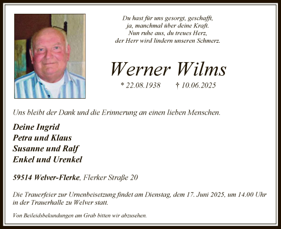 Todesanzeige von Werner Wilms von HASO