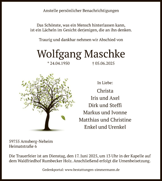 Todesanzeige von Wolfgang Maschke von HASK
