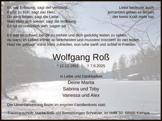 Todesanzeige von Wolfgang Roß von HALN