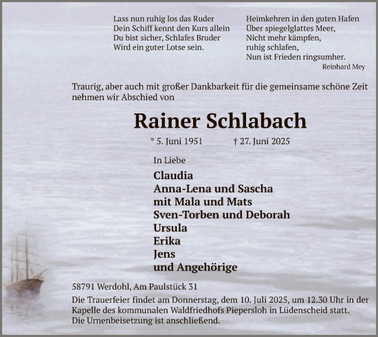 Todesanzeige von Rainer Schlabach von HALN