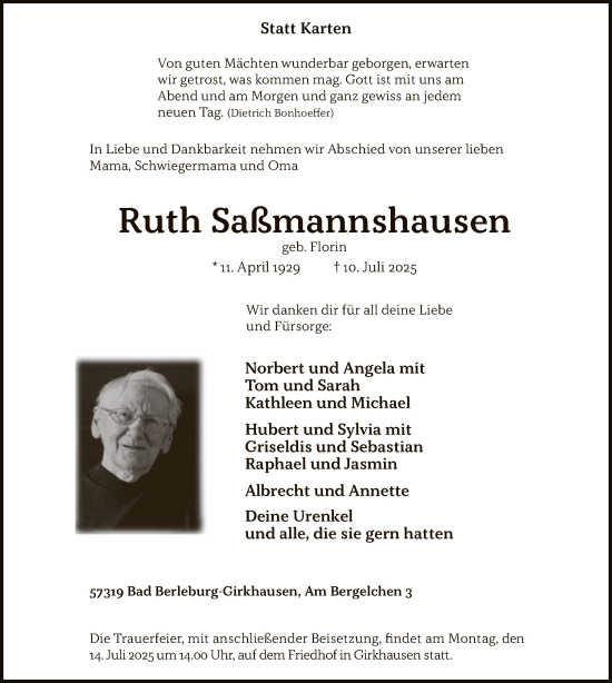 Todesanzeige von Ruth Saßmannshausen von HASK