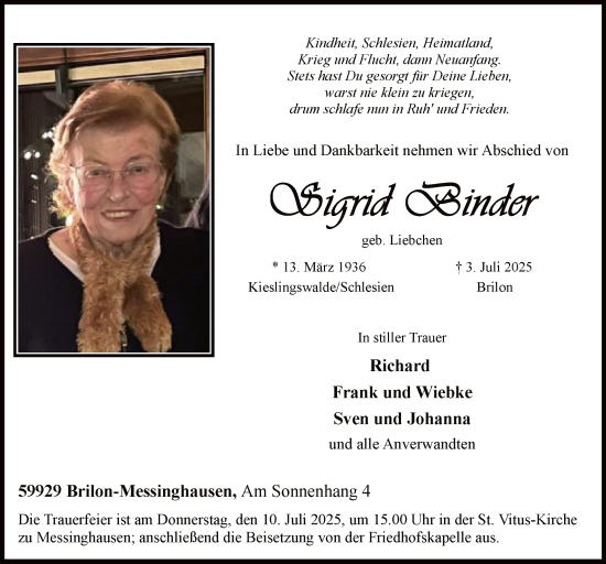 Todesanzeige von Sigrid Binder von HASK